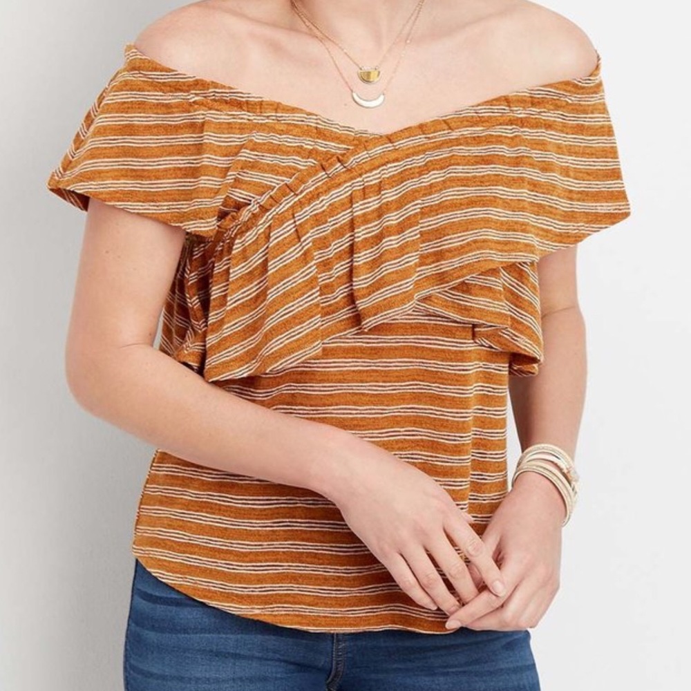 Maurices Burnt Orange Striped Ruffle Off-Shoulder Top